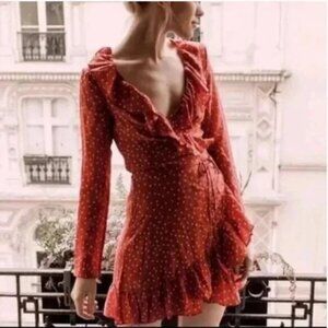 Realisation Par Alexandra Ruffled Silk Wrap Mini Dress Red Star Print